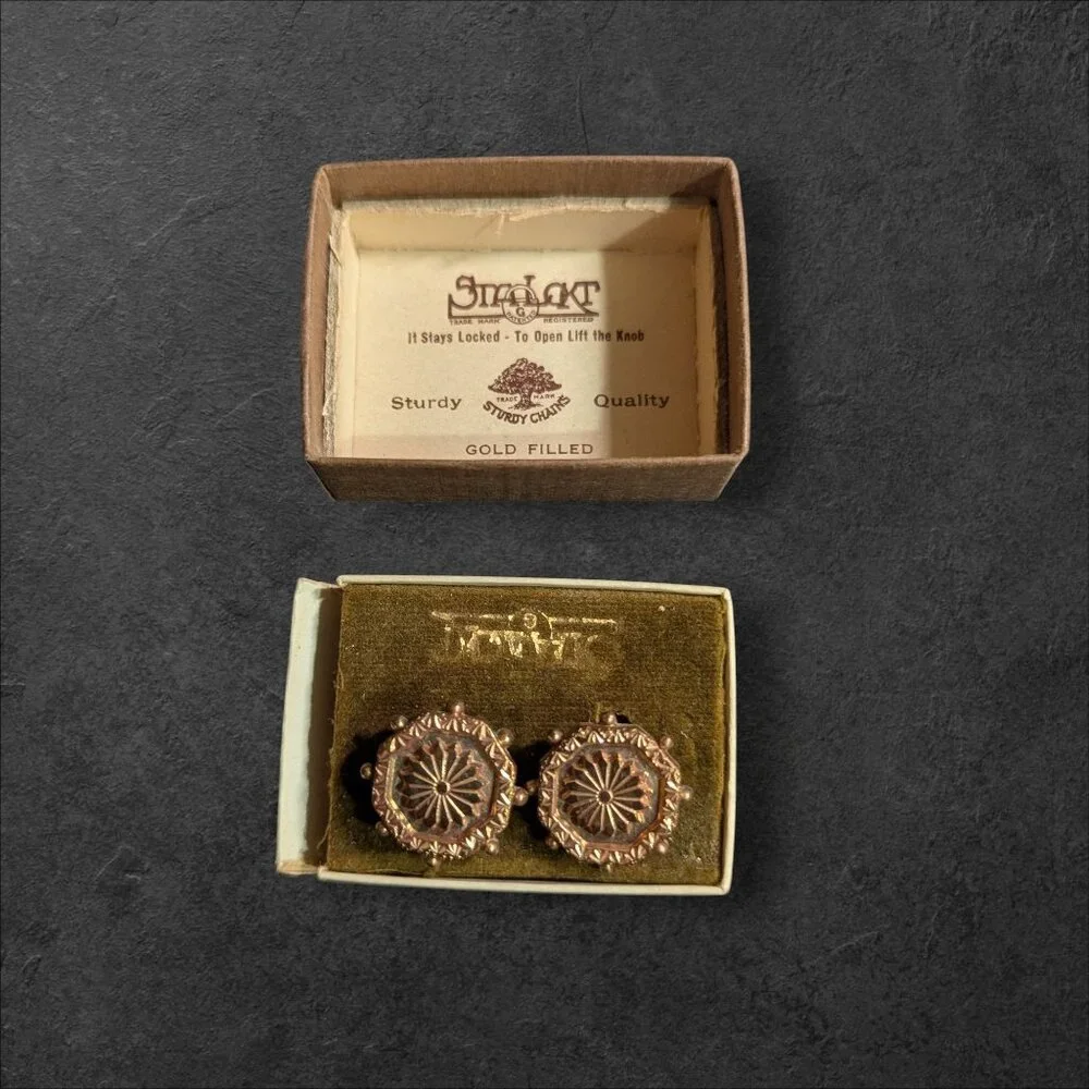 Cufflinks Gold-Filled In Box  Ornate Design Retro Bling‎